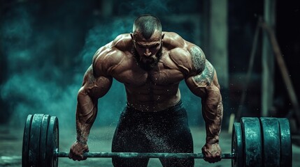Muscular Bodybuilder Lifting Heavy Barbell in Dramatic Gym Setting