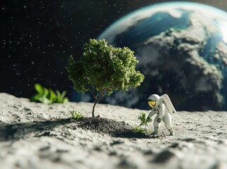 Astronaut Planting Trees on the Moon with Earth in Background, Small Green Tree with Leaves and Branches, No Sky Above, Cornell Thorson Style