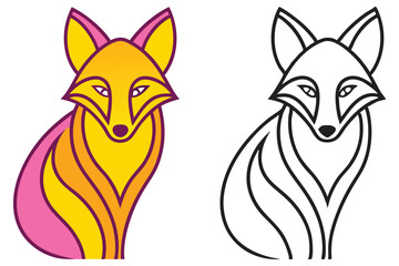 Stylized Fox Illustration in Two Color Variations  A Vibrant Pink and Yellow Version and a Classic Black and White Outline