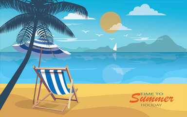 Summer beach vector design.  beach umbrellas , orange juice and chairs. Summer vacation  for beach holiday.vector illustration