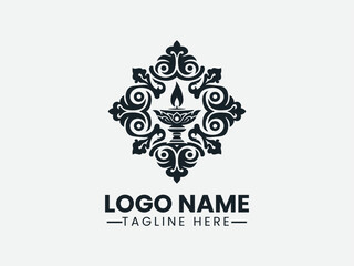 ornate diya lamp within decorative square frame. Cultural logo
