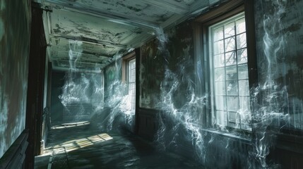 Abandoned Hallway, Mystical Fog, Sunlit Windows, Decaying Interior
