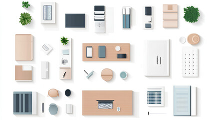 Office Top View Vector Elements Set. Kit for a workspace  apartment  house  or office plan