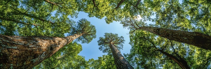 Fototapeta premium Looking Up at Tall Trees with Green Canopy and Blue Sky