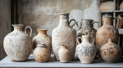 A stunning collection of handcrafted pottery vases artistically arranged on a table display showcasing unique craftsmanship and design.
