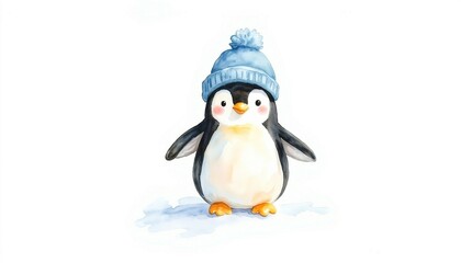 Fototapeta premium Adorable Penguin in a Blue Beanie: A Watercolor Winter Scene