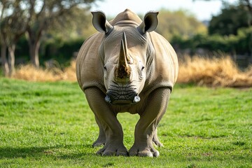 Naklejka premium Majestic white rhino in a grassy enclosure. Close-up view of a large, adult rhino, facing directly forward in a lush green field. Its thick skin and single horn are prominent features.