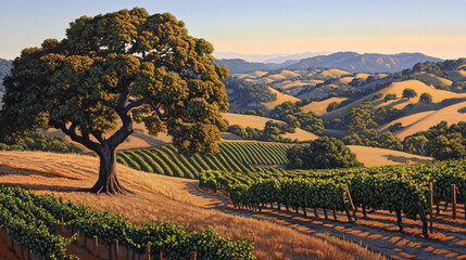 Picturesque vineyard landscape with rolling hills under soft sunlight blending harmoniously in nature?s beautiful palette.