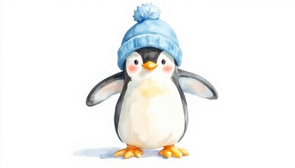 Fototapeta premium Adorable Penguin in Blue Knit Hat: Watercolor Winter Charm