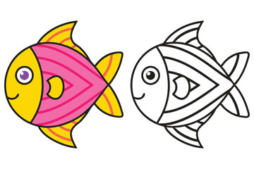 Cute Colorful Fish and its Outline for Coloring Pages Kids Activity Book