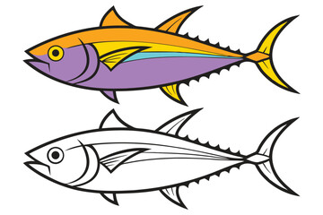 Colorful Illustration of a Tuna Fish with a Line Drawing Version