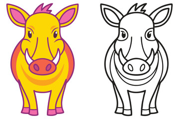 Adorable Cartoon Warthog Illustration Coloring Page Featuring a Cute Yellow Warthog and its Black and White Outline for Kids