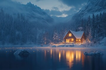 Fototapeta premium Cozy cabin, snowy mountains, winter lake, glowing lights, holiday getaway