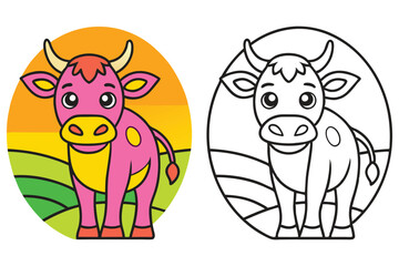 Adorable Pink Cow in a Green Field Coloring Page Illustration for Kids