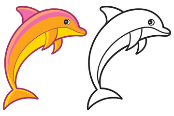 Cute Cartoon Dolphin Illustration with Coloring Page Option A Fun Image for Kids Featuring a Jumping Dolphin in Orange Pink and Black and White