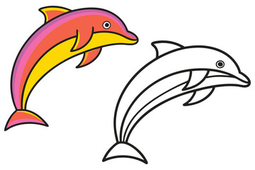 A Colorful Dolphin and Its Line Art Version Leaping Joyfully Through the Ocean