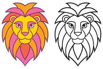 A Pair of Colorful and Line Art Lion Head Illustrations Perfect for Kids Coloring Pages and Creative Projects