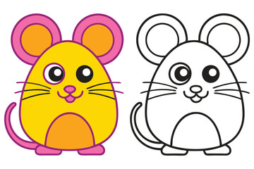 Adorable Cartoon Mouse Coloring Page Illustration for Kids Featuring a Cute Yellow Mouse and a Black and White Outline Version
