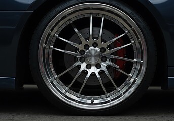 Close-up of Custom Car Wheel with Chrome Spokes and Red Brakes
