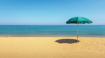 Serene Beach Scene with Green Umbrella and Clear Blue Skies Over Tranquil Ocean
