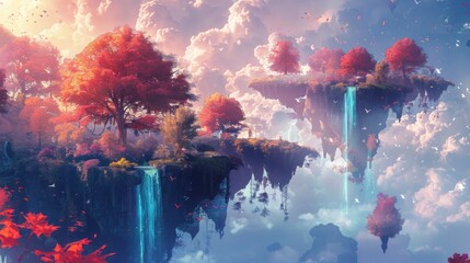 Floating Islands, Autumn Trees, Waterfall, Cloudy Sky, Fantasy Landscape