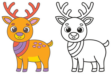 Adorable Cartoon Reindeer Coloring Page Illustration for Kids Featuring a Cute Orange Deer and a Black and White Outline Version for Easy Printing
