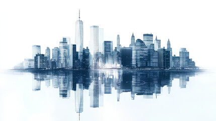 Fototapeta premium Panoramic view of Manhattan's illuminated skyline at dusk. Urban cityscape with tall buildings and waterfront, isolated on a white background. Concept of New York City