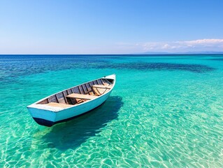 Naklejka premium Serene Wooden Boat Floating on Crystal Clear Tropical Waters under Bright Blue Sky