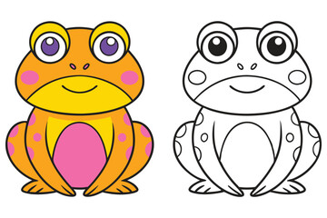 Adorable Cartoon Frog Illustration Coloring Page for Kids Featuring a Cute Orange and Pink Frog and a Black and White Outline Version for Easy Coloring