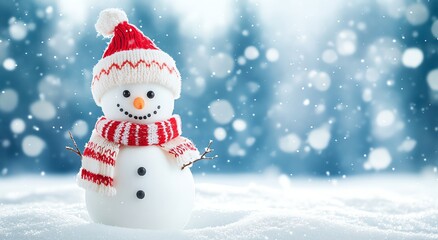 Festive Snowman Standing in Snowy Landscape with Falling Snowflakes