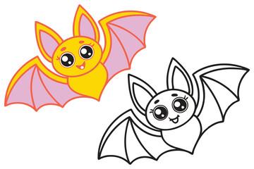 Adorable Cartoon Bats Coloring Page Cute Bat Illustration Happy Bats Flying Bats Kawaii Bats Halloween Bats