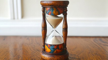 Antique hourglass on wooden surface