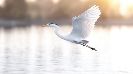 Obraz premium A graceful heron in flight over water at sunset. Soft light illuminates the bird's white plumage