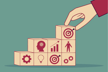 60 wooden cubes with business icons, finger pointing at target icon, selective focus, teal background, strategy concept, goal setting, business objectives, minimalist composition, shallow depth of fie