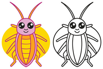 Adorable Cartoon Cockroach Illustration Coloring Page Two Versions Pink and Black and White