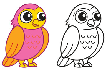 Adorable Cartoon Owl Illustration Color and Outline Versions for Kids Coloring Pages