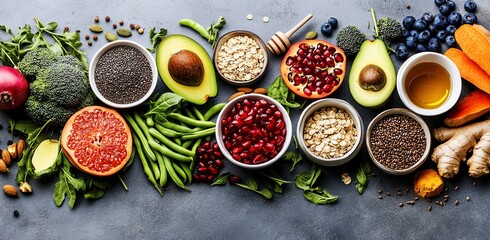 Arrangement of Fresh Healthy Food Ingredients on Gray Background Overhead