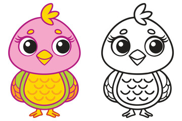 Adorable Cartoon Bird Coloring Page Illustration Featuring a Pink and Yellow Bird with Big Eyes