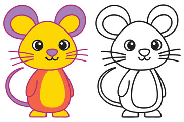 Adorable Cartoon Mouse Coloring Page Illustration Featuring a Cute Yellow Mouse and a Black and White Outline Version for Kids