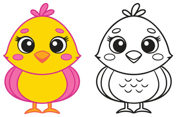 Adorable Yellow Chick and Coloring Page Illustration Featuring a Cute Baby Bird with Big Eyes
