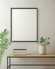 Blank frame mockup on wooden console table with plants and books.