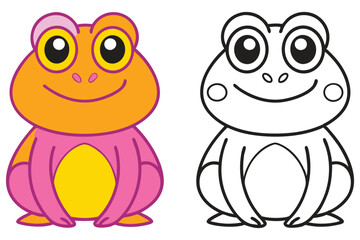 Adorable Cartoon Frog Illustration with Coloring Page a Cute Amphibian Character Design for Kids