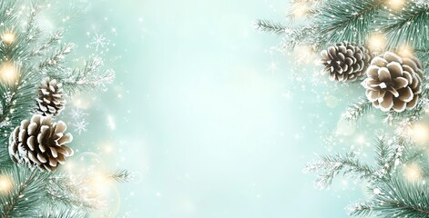 Festive Winter Holiday Background with Pine Branches and Pinecones