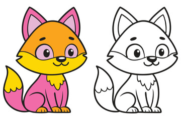 Adorable Cartoon Fox Coloring Page Illustration for Kids Featuring a Cute Sitting Fox with a Fluffy Tail in Pink and Orange and a Black and White Outline Version