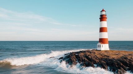 Obraz premium Red and White Striped Lighthouse on Rocky Shoreline by Ocean Waves at Sunrise