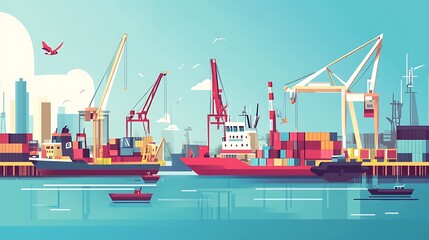 Fototapeta premium Cargo ships at busy harbor.