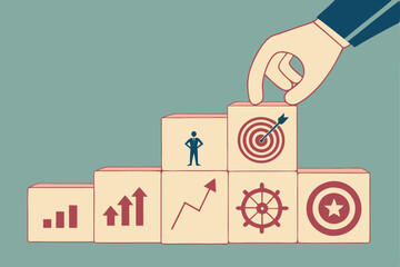 60 wooden cubes with business icons, finger pointing at target icon, selective focus, teal background, strategy concept, goal setting, business objectives, minimalist composition, shallow depth of fie