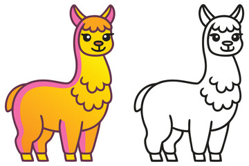 Adorable Cartoon Llama Illustration Colorful and Black and White Versions Cute Animal Character Design for Kids Coloring Book Page or Print