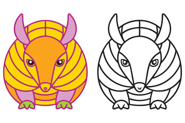 Adorable Armadillo Coloring Page Illustration Featuring a Cute Cartoon Armadillo in Yellow and a Black and White Outline Version for Kids