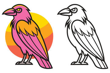 Vibrant Pink and Orange Cartoon Crow with Sunset Background and Line Art Version